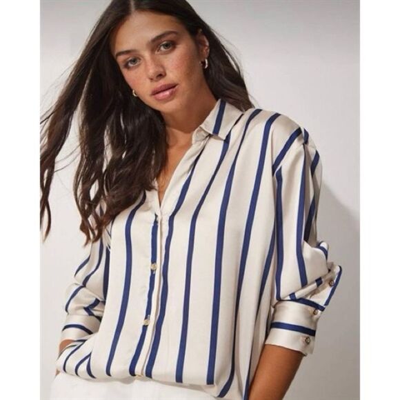 NWT Satin Effect Shirt ~ Navy Blue and Ivory Striped - Picture 6 of 14